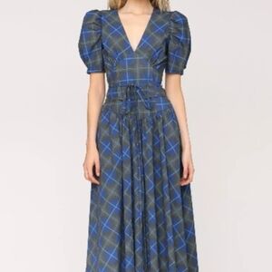 Avec Les Filles Blue and Black Plaid Long Sleeve Dress